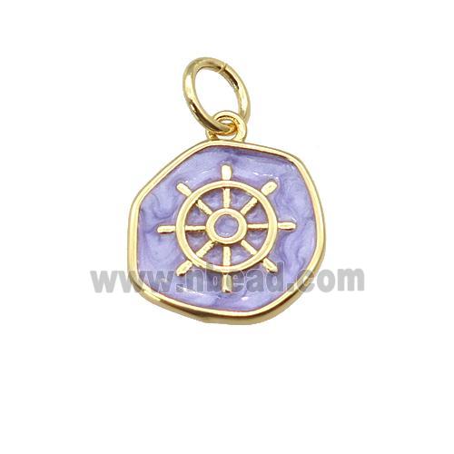 copper coin pendant with lavender enamel, ships wheel, gold plated