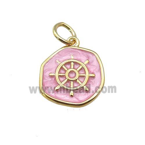 copper coin pendant with pink enamel, ships wheel, gold plated