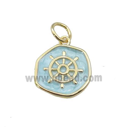 copper coin pendant with teal enamel, ships wheel, gold plated