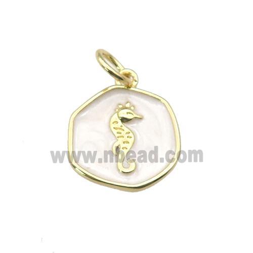 copper coin pendant with white enamel, seahorse, gold plated