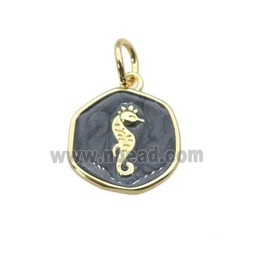 copper coin pendant with black enamel, seahorse, gold plated