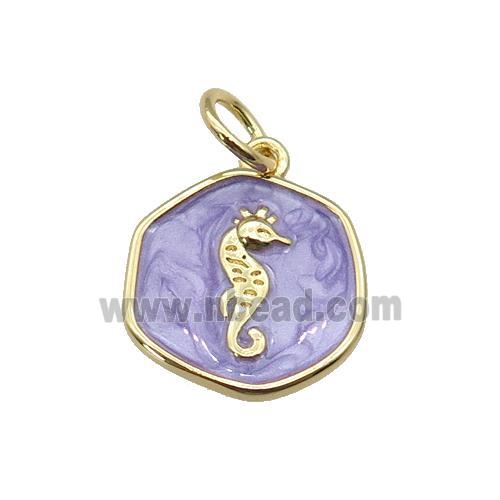 copper coin pendant with lavender enamel, seahorse, gold plated