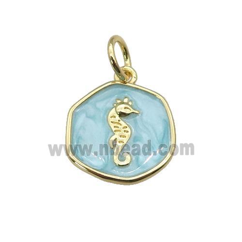 copper coin pendant with teal enamel, seahorse, gold plated
