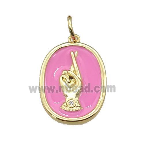 copper oval pendant with pink enamel, hand, gold plated