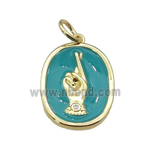 copper oval pendant with teal enamel, hand, gold plated