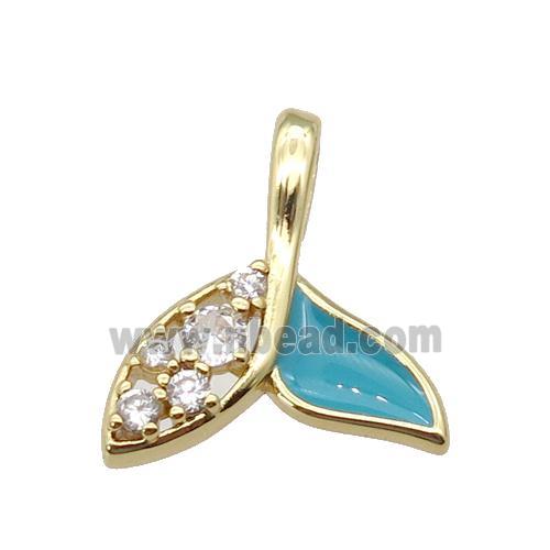 copper Shark-tail pendant paved zircon with teal enamel, gold plated