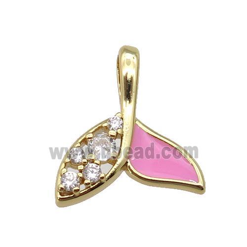 copper Shark-tail pendant paved zircon with pink enamel, gold plated