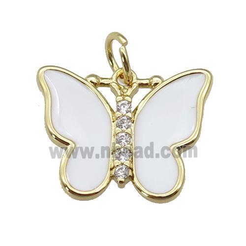 copper Butterfly pendant paved zircon with white enamel, gold plated
