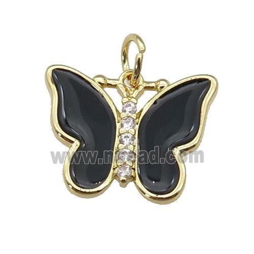 copper Butterfly pendant paved zircon with black enamel, gold plated