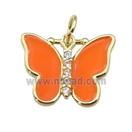 copper Butterfly pendant paved zircon with orange enamel, gold plated