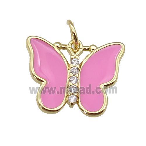 copper Butterfly pendant paved zircon with pink enamel, gold plated