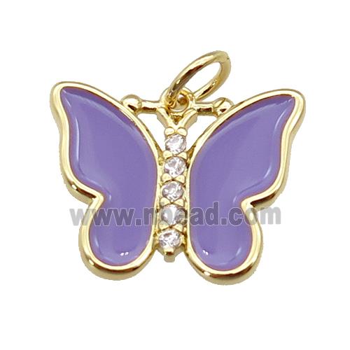 copper Butterfly pendant paved zircon with lavender enamel, gold plated