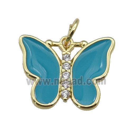 copper Butterfly pendant paved zircon with teal enamel, gold plated
