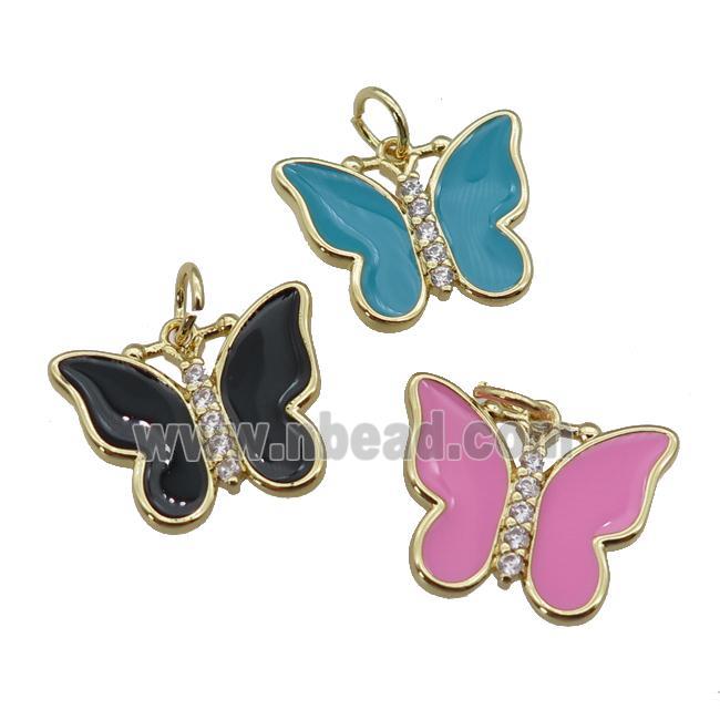 copper Butterfly pendant paved zircon with enamel, gold plated, mixed