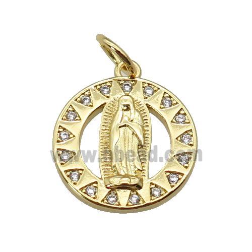 copper Virgin Mary pendant paved zircon, gold plated