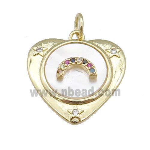 copper Heart pendant paved zircon, moon shell, gold plated
