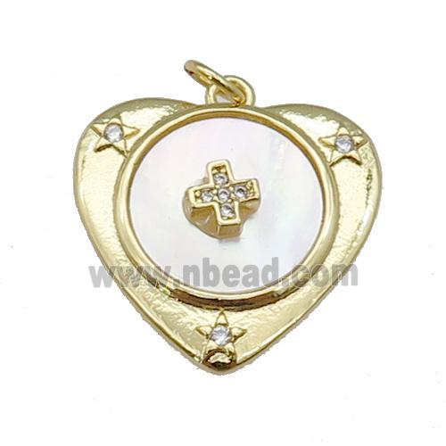 copper Heart pendant paved zircon, cross shell, gold plated