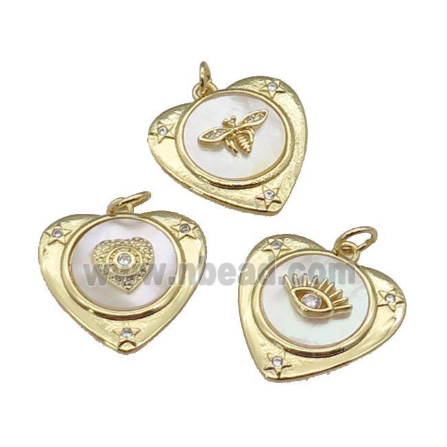 copper Heart pendant paved zircon, shell, gold plated, mixed