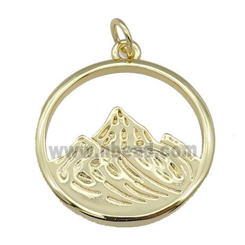 copper circle pendant with mountain, gold plated