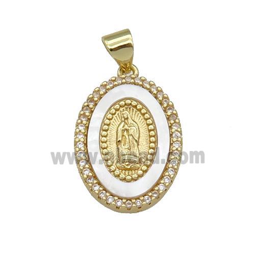 copper Virgin Mary pendant paved zircon, shell, gold plated