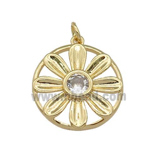copper Daisy flower pendant paved zircon, gold plated