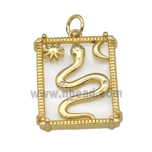copper Frame pendant paved zircon, snake moon, shell, gold plated
