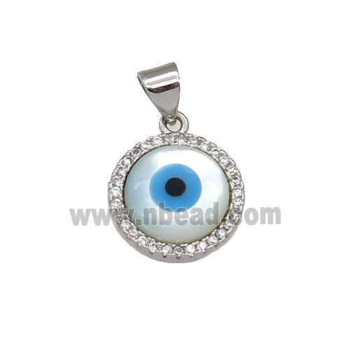 copper circle pendant paved zircon with Pearlized Shell Evil Eye, platinum plated