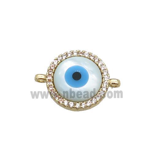 copper circle connector paved zircon with Pearlized Shell Evil Eye, gold plated