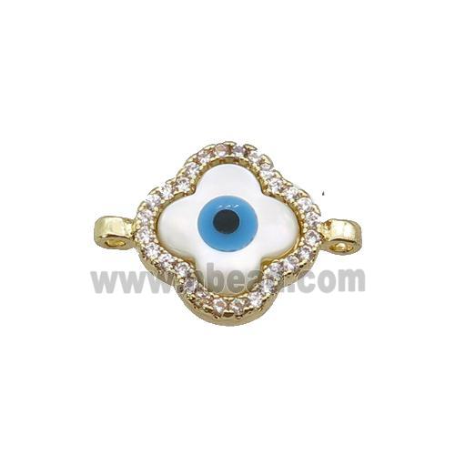 copper clover connector paved zircon with Pearlized Shell Evil Eye, gold plated