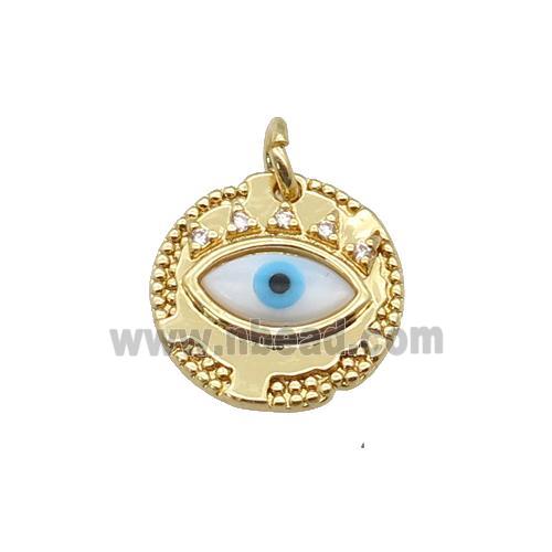 copper circle pendant paved zircon with Pearlized Shell Evil Eye, gold plated