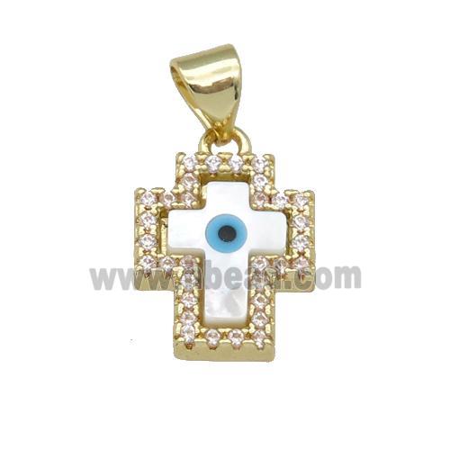 copper cross pendant paved zircon with Pearlized Shell Evil Eye, gold plated