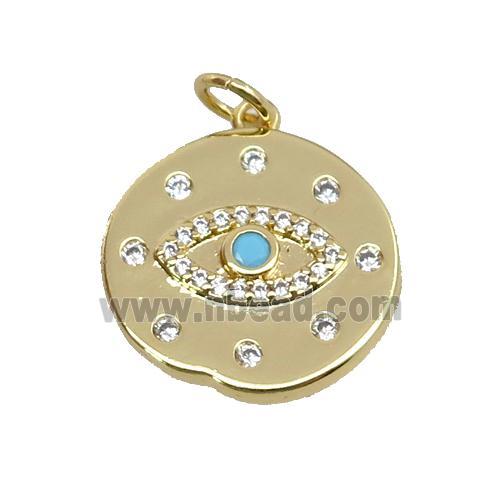 copper circle pendant paved zircon, eye, gold plated