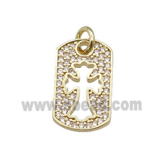 copper rectangle cross pendant paved zircon, gold plated