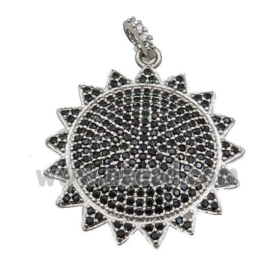 copper Sunflower pendant paved black zircon, platinum plated