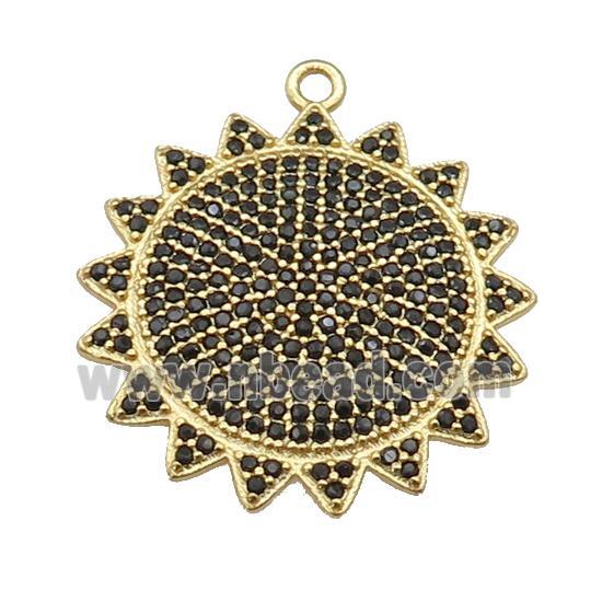 copper Sunflower pendant paved black zircon, gold plated