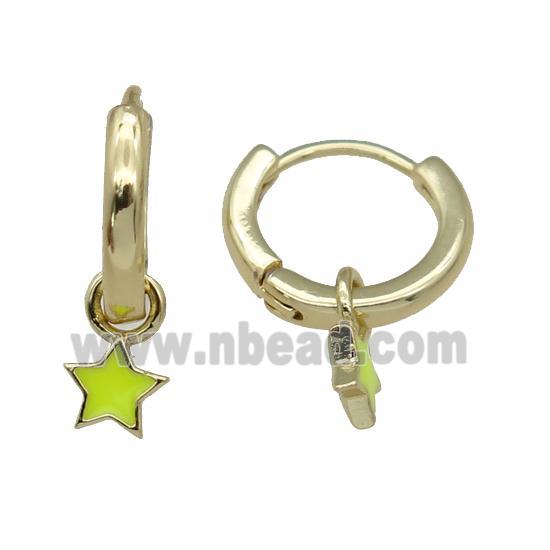 copper Hoop Earring with yellow enamel star, gold plated