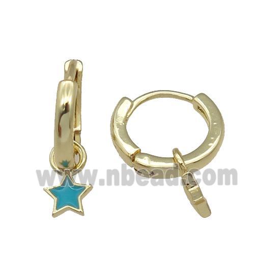 copper Hoop Earring with teal enamel star, gold plated