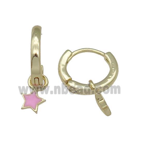 copper Hoop Earring with pink enamel star, gold plated