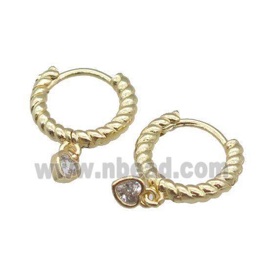 copper Hoop Earring with heart paved zircon, gold plated