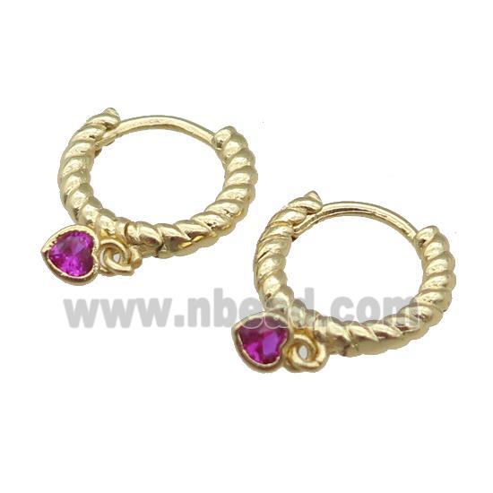 copper Hoop Earring with heart paved hotpink zircon, gold plated