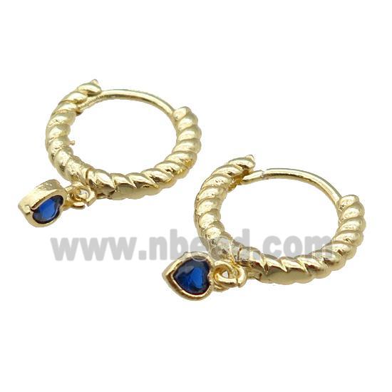copper Hoop Earring with heart paved blue zircon, gold plated