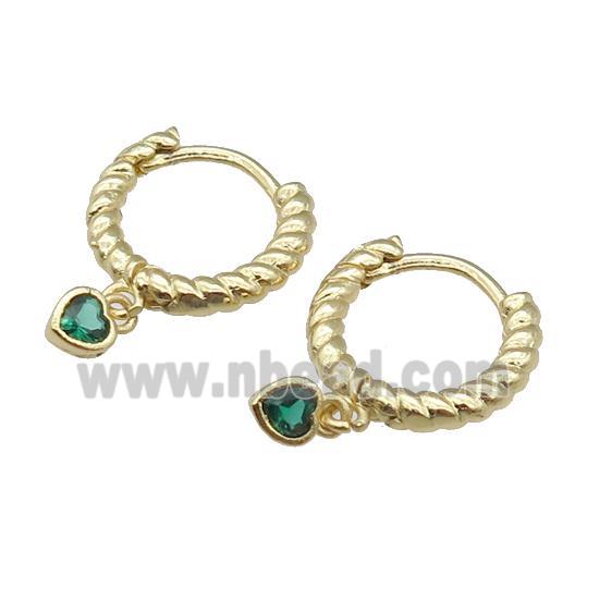 copper Hoop Earring with heart paved green zircon, gold plated