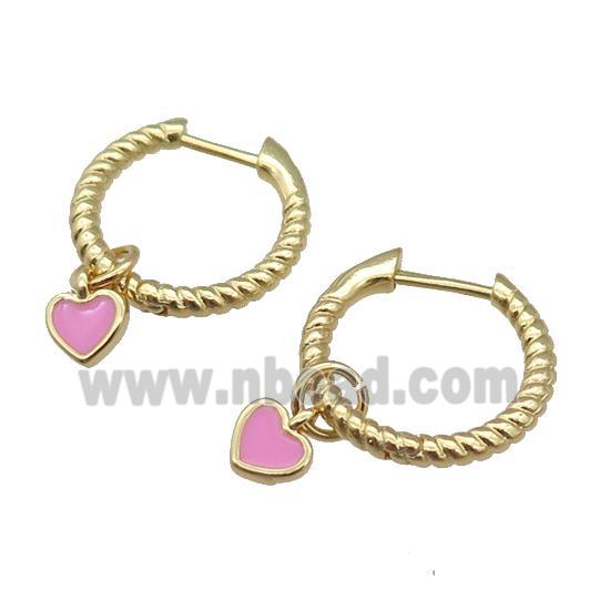 copper Hoop Earring with pink enamel heart, gold plated