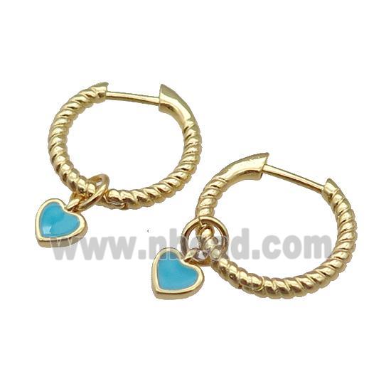 copper Hoop Earring with teal enamel heart, gold plated