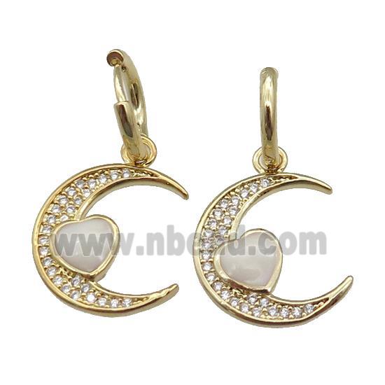 copper Hoop Earring with Moon paved zircon, white enamel heart, gold plated
