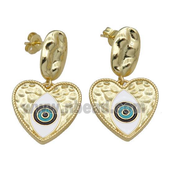 copper Stud Earring with heart, enamel Evil Eye, gold plated
