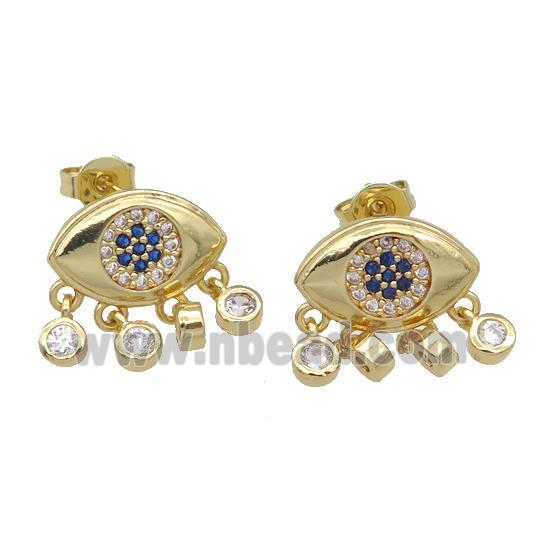 copper Stud Earring paved zircon, Eye, gold plated