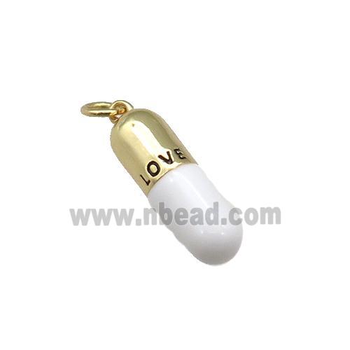copper Pill Charm pendant with white enamel, LOVE, gold plated