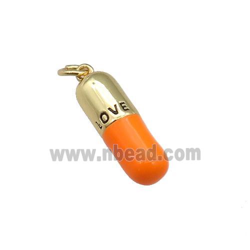 copper Pill Charm pendant with orange enamel, LOVE, gold plated