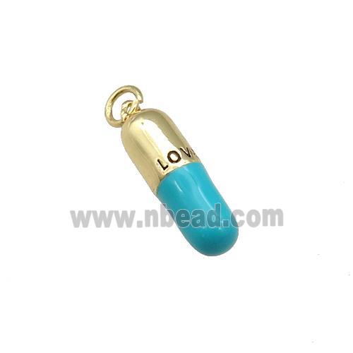 copper Pill Charm pendant with teal enamel, LOVE, gold plated